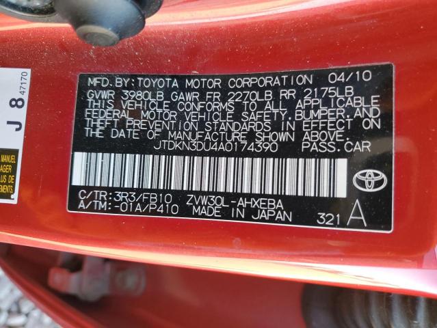 JTDKN3DU4A0174390 - 2010 TOYOTA PRIUS RED photo 12