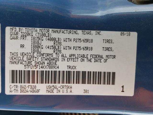 5TFUY5F14KX788914 - 2019 TOYOTA TUNDRA DOUBLE CAB SR/SR5 BLUE photo 12