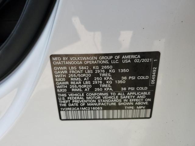 1V2RE2CA1MC216063 - 2021 VOLKSWAGEN ATLAS CROS SE WHITE photo 12