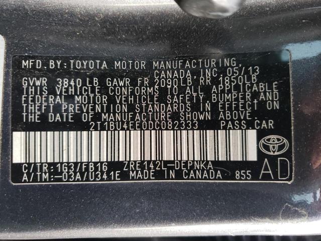 2T1BU4EE0DC082333 - 2013 TOYOTA COROLLA BASE GRAY photo 12