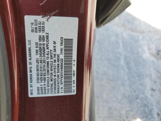 5FPYK3F61HB004332 - 2017 HONDA RIDGELINE RTL MAROON photo 12