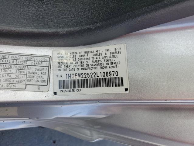 1HGEM22522L106970 - 2002 HONDA CIVIC LX SILVER photo 12