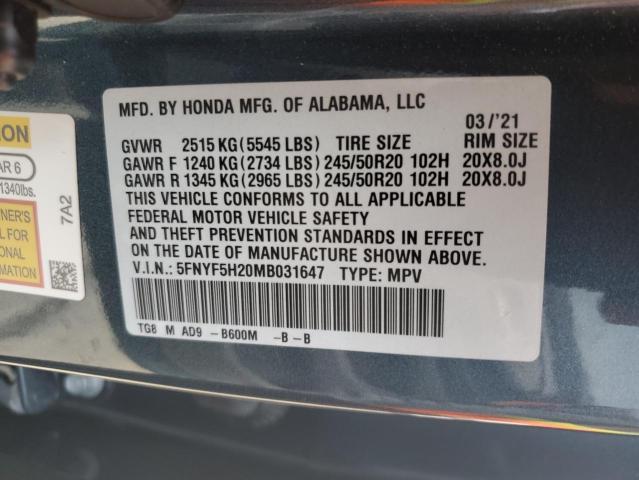 5FNYF5H20MB031647 - 2021 HONDA PILOT SE BLUE photo 12