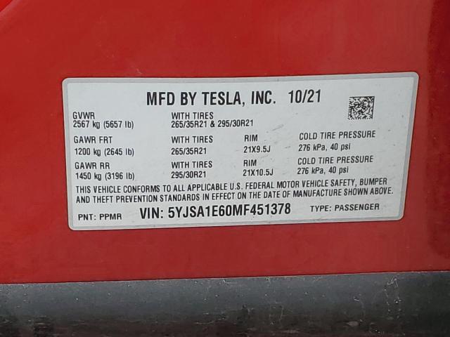 5YJSA1E60MF451378 - 2021 TESLA MODEL S Qırmızı foto 12