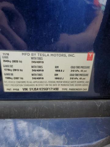 5YJSA1E25GF171490 - 2016 TESLA MODEL S Կապույտ լուսանկար 13