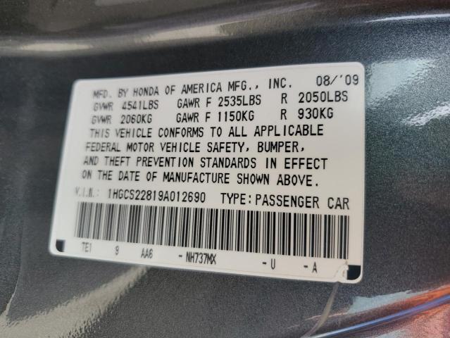 1HGCS22819A012690 - 2009 HONDA ACCORD EXL GRAY photo 12