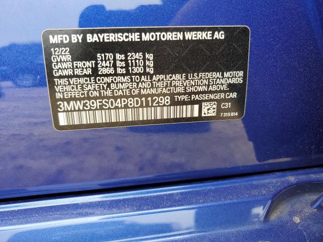 3MW39FS04P8D11298 - 2023 BMW 330XE BLUE photo 12