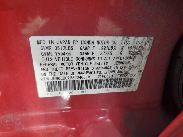 JHMGE8G22AC040519 - 2010 HONDA FIT RED photo 12