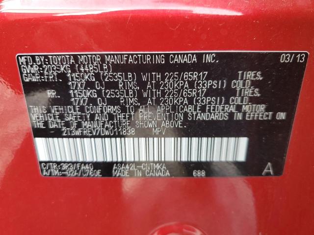 2T3WFREV7DW011838 - 2013 TOYOTA RAV4 XLE RED photo 12