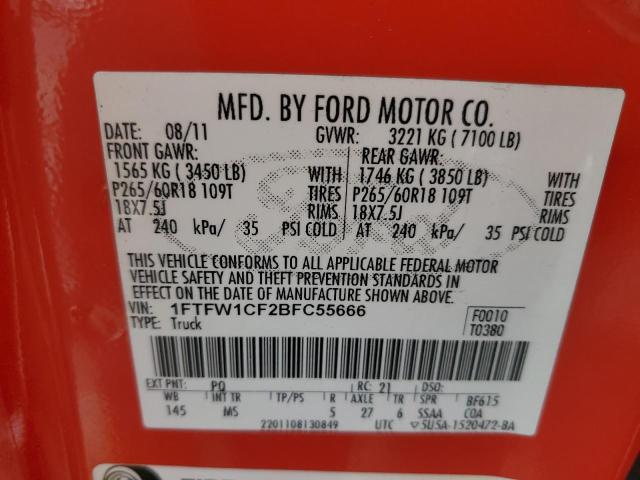 1FTFW1CF2BFC55666 - 2011 FORD F150 SUPERCREW RED photo 12