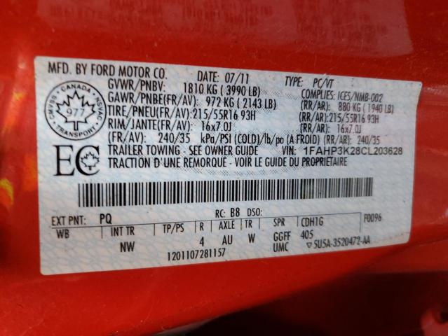 1FAHP3K28CL203628 - 2012 FORD FOCUS SE RED photo 12