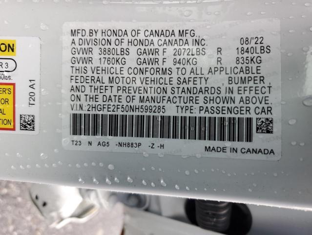 2HGFE2F50NH599285 - 2022 HONDA CIVIC SPORT 白色 照片 12