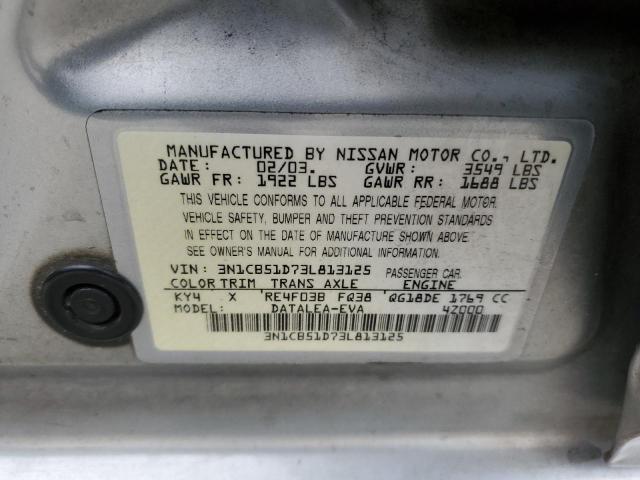 3N1CB51D73L813125 - 2003 NISSAN SENTRA XE SILVER photo 13