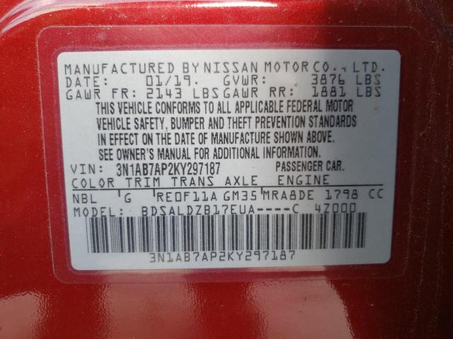 3N1AB7AP2KY297187 - 2019 NISSAN SENTRA S RED photo 12