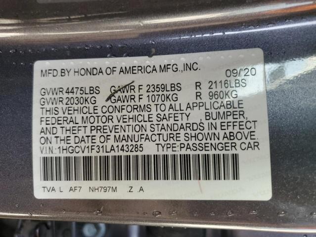 1HGCV1F31LA143285 - 2020 HONDA ACCORD SPORT GRAY photo 13