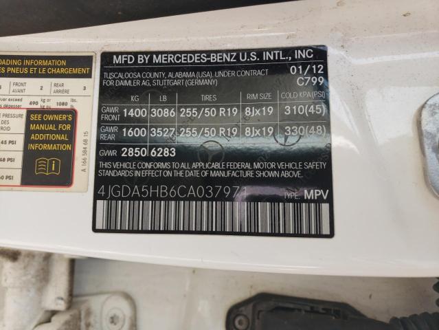 4JGDA5HB6CA037971 - 2012 MERCEDES-BENZ ML 350 4MATIC WHITE photo 13