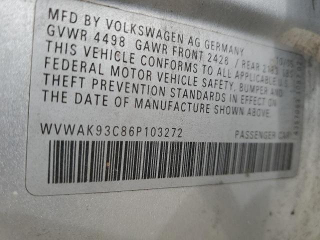 WVWAK93C86P103272 - 2006 VOLKSWAGEN PASSAT 2.0T SILVER photo 12