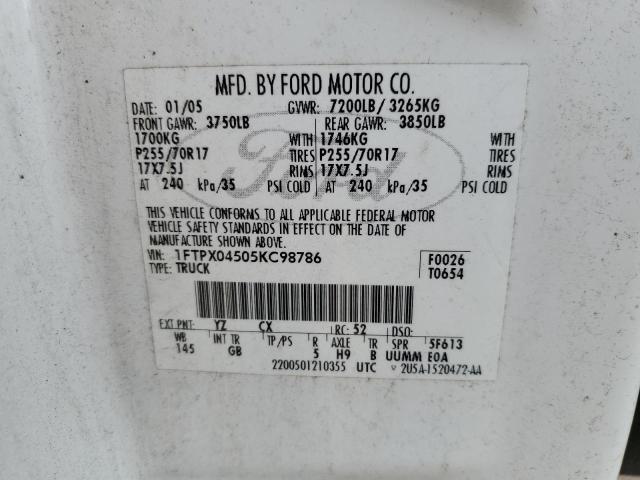 1FTPX04505KC98786 - 2005 FORD F150 WHITE photo 12