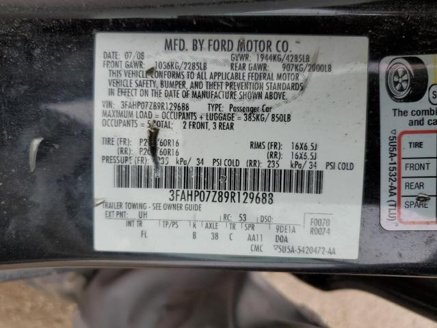 3FAHP07Z89R129688 - 2009 FORD FUSION SE BLACK photo 12