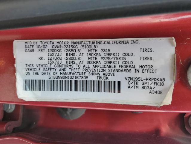 5TEGN92N13Z167808 - 2003 TOYOTA TACOMA DOUBLE CAB PRERUNNER BURGUNDY photo 12