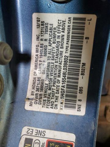 1HGFA16548L039802 - 2008 HONDA CIVIC LX BLUE photo 12