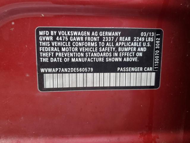 WVWAP7AN2DE560579 - 2013 VOLKSWAGEN CC SPORT RED photo 12