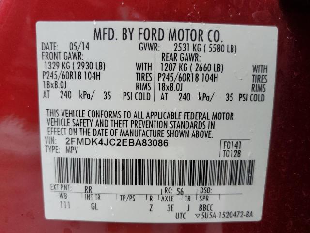 2FMDK4JC2EBA83086 - 2014 FORD EDGE SEL RED photo 13