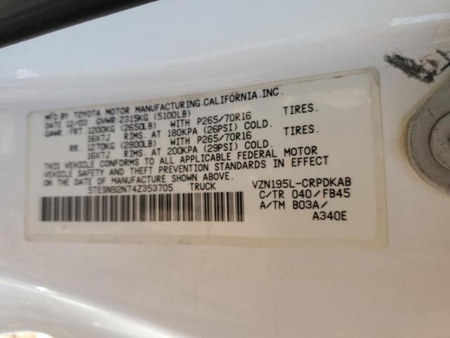 5TESN92N74Z353705 - 2004 TOYOTA TACOMA XTRACAB PRERUNNER 白色 照片 12