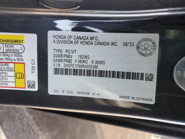 2HGFE1F9XRH000086 - 2024 HONDA CIVIC TOURING GRAY photo 13