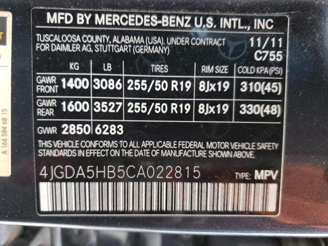 4JGDA5HB5CA022815 - 2012 MERCEDES-BENZ ML 350 4MATIC GRAY photo 14
