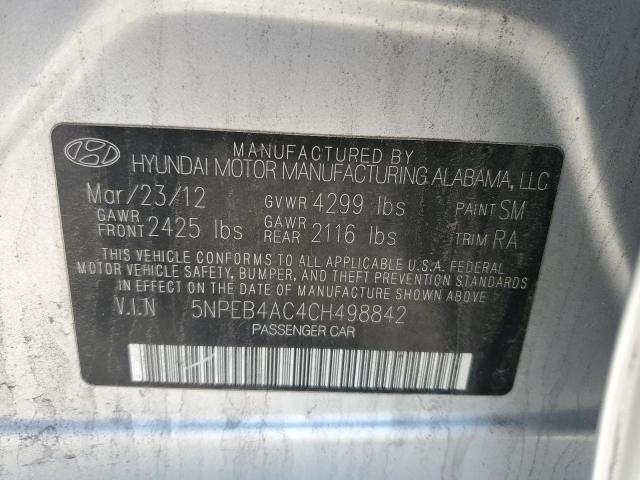 5NPEB4AC4CH498842 - 2012 HYUNDAI SONATA GLS SILVER photo 12