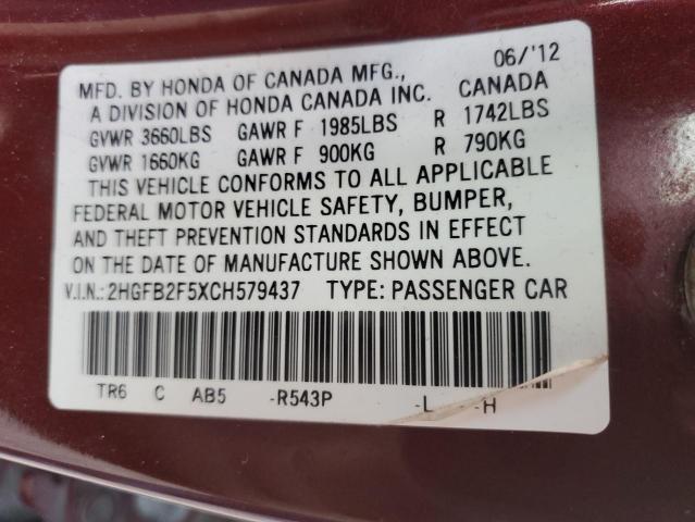 2HGFB2F5XCH579437 - 2012 HONDA CIVIC LX MAROON photo 12