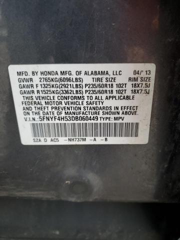 5FNYF4H53DB060449 - 2013 HONDA PILOT EXL GRAY photo 12