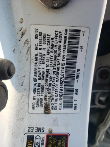 1HGFA16827L071415 - 2007 HONDA CIVIC EX WHITE photo 12