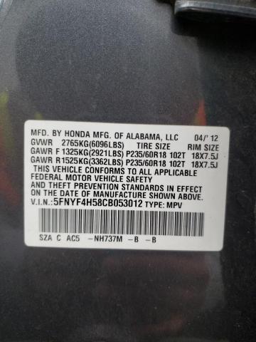 5FNYF4H58CB053012 - 2012 HONDA PILOT EXL GRAY photo 13