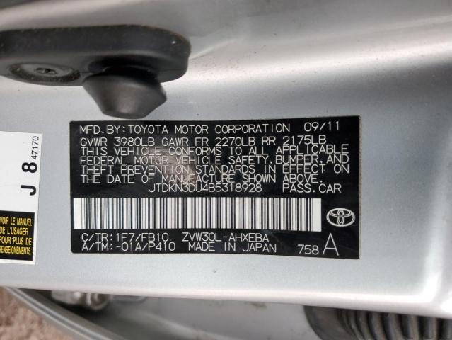 JTDKN3DU4B5318928 - 2011 TOYOTA PRIUS SILVER photo 13