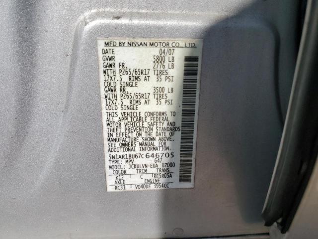 5N1AR18U67C646705 - 2007 NISSAN PATHFINDER LE ვერცხლისფერი ფოტო 13