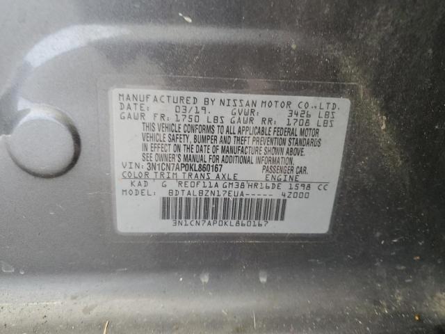 3N1CN7AP0KL860167 - 2019 NISSAN VERSA S GRAY photo 12