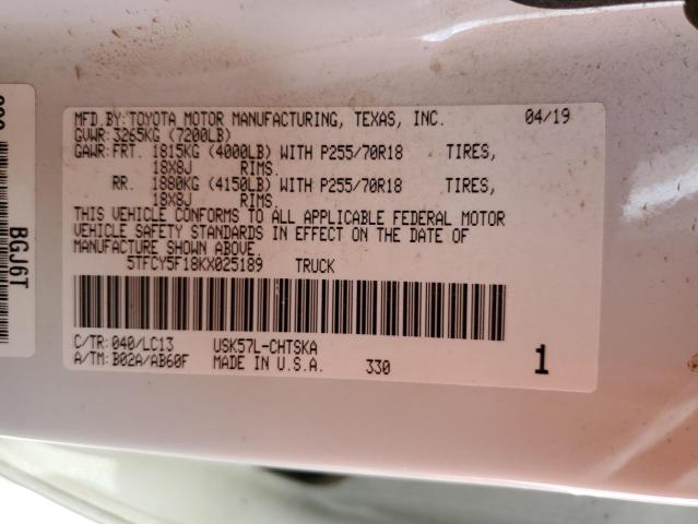 5TFCY5F18KX025189 - 2019 TOYOTA TUNDRA DOUBLE CAB SR/SR5 WHITE photo 12