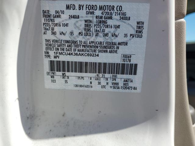 1FMCU4K36AKC69234 - 2010 FORD ESCAPE HYBRID WHITE photo 12