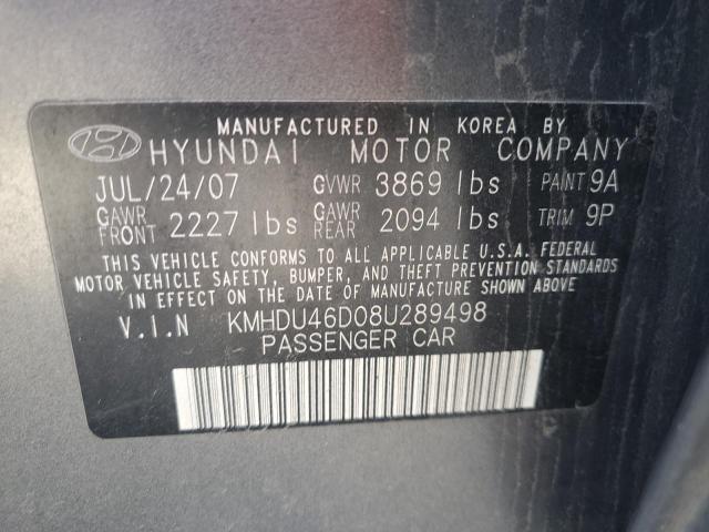 KMHDU46D08U289498 - 2008 HYUNDAI ELANTRA GLS GRAY photo 13