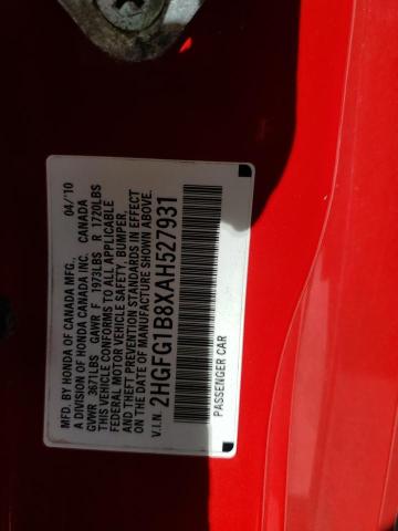 2HGFG1B8XAH527931 - 2010 HONDA CIVIC EX RED photo 12