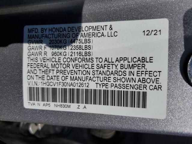 1HGCV1F30NA012612 - 2022 HONDA ACCORD SPORT SILVER photo 12