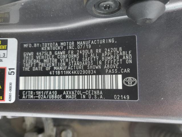 4T1B11HK4KU290834 - 2019 TOYOTA CAMRY L ვერცხლისფერი ფოტო 12