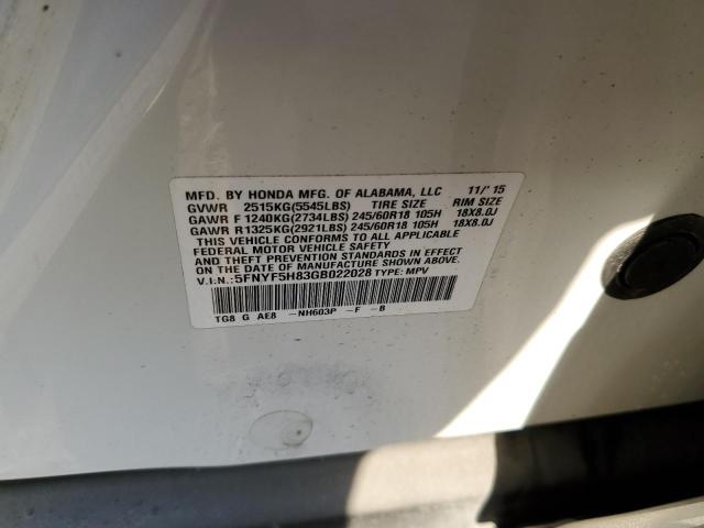 5FNYF5H83GB022028 - 2016 HONDA PILOT EXL WHITE photo 12