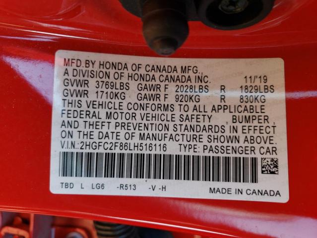 2HGFC2F86LH516116 - 2020 HONDA CIVIC SPORT 红色 照片 12