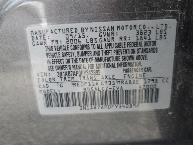 3N1AB7AP0FY342892 - 2015 NISSAN SENTRA S GRAY photo 12