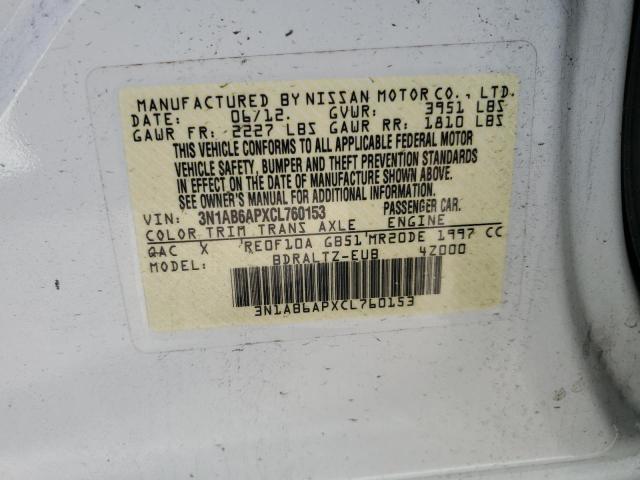 3N1AB6APXCL760153 - 2012 NISSAN SENTRA 2.0 WHITE photo 12