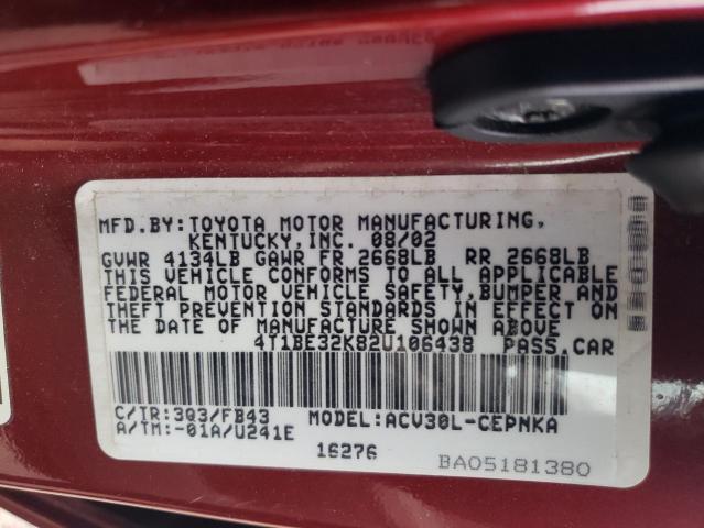 4T1BE32K82U106438 - 2002 TOYOTA CAMRY LE RED photo 12