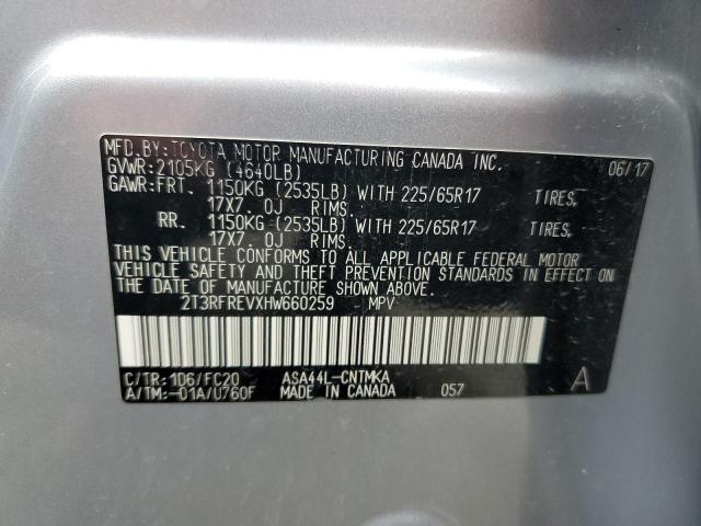 2T3RFREVXHW660259 - 2017 TOYOTA RAV4 XLE SILVER photo 13